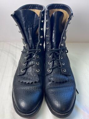 Vintage Justin USA Made Black Pebble Grain Leather Lace-Up Roper Boots 10E Wide